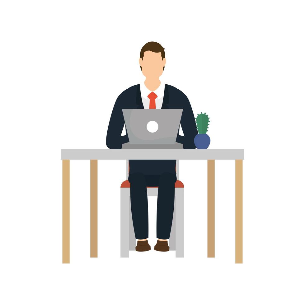 elegante, hombre de negocios, trabajando, en, computadora portátil, en, lugar de trabajo, escena vector