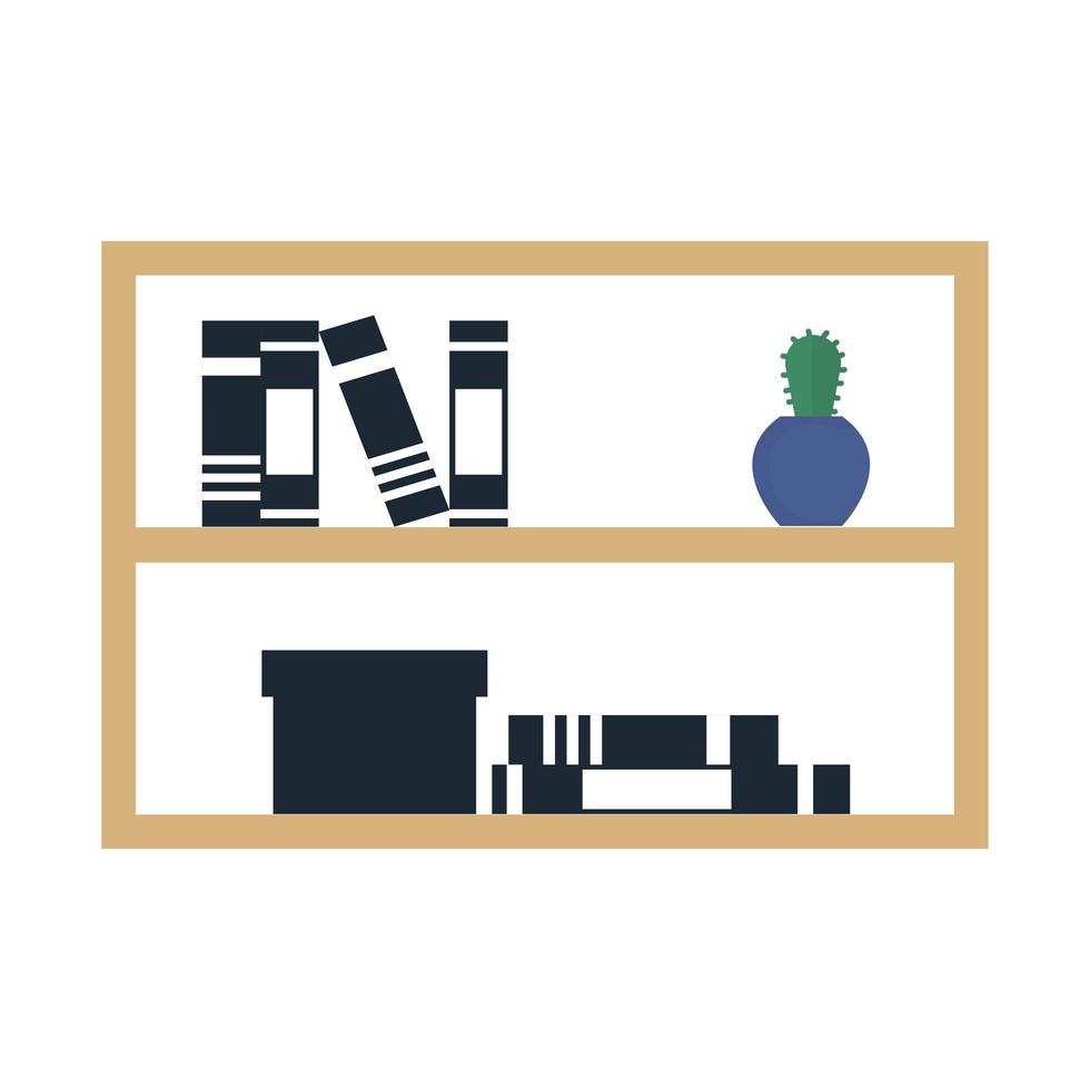 Estante con libros y muebles de oficina de plantas de interior de cactus. vector