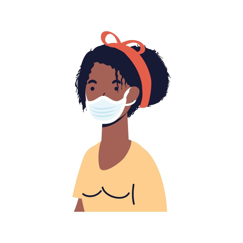 mujer joven afro con personaje de máscara médica vector