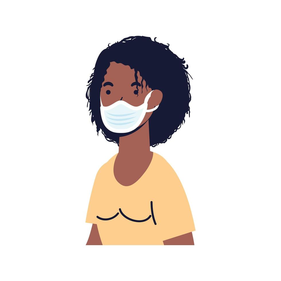 mujer joven afro con personaje de máscara médica vector