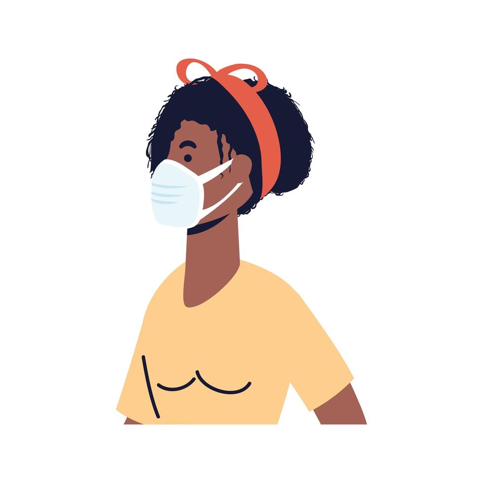 mujer joven afro con personaje de máscara médica vector