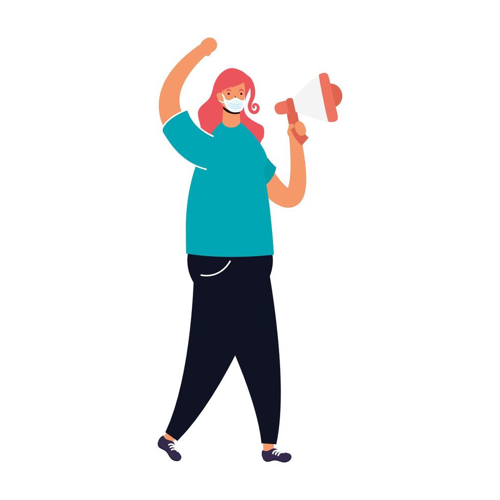 woman wearing medical mask protesting with megaphone vector
