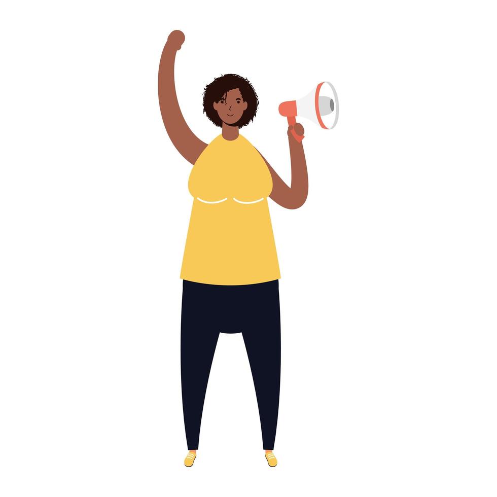 afro woman protesting with megaphone character vector