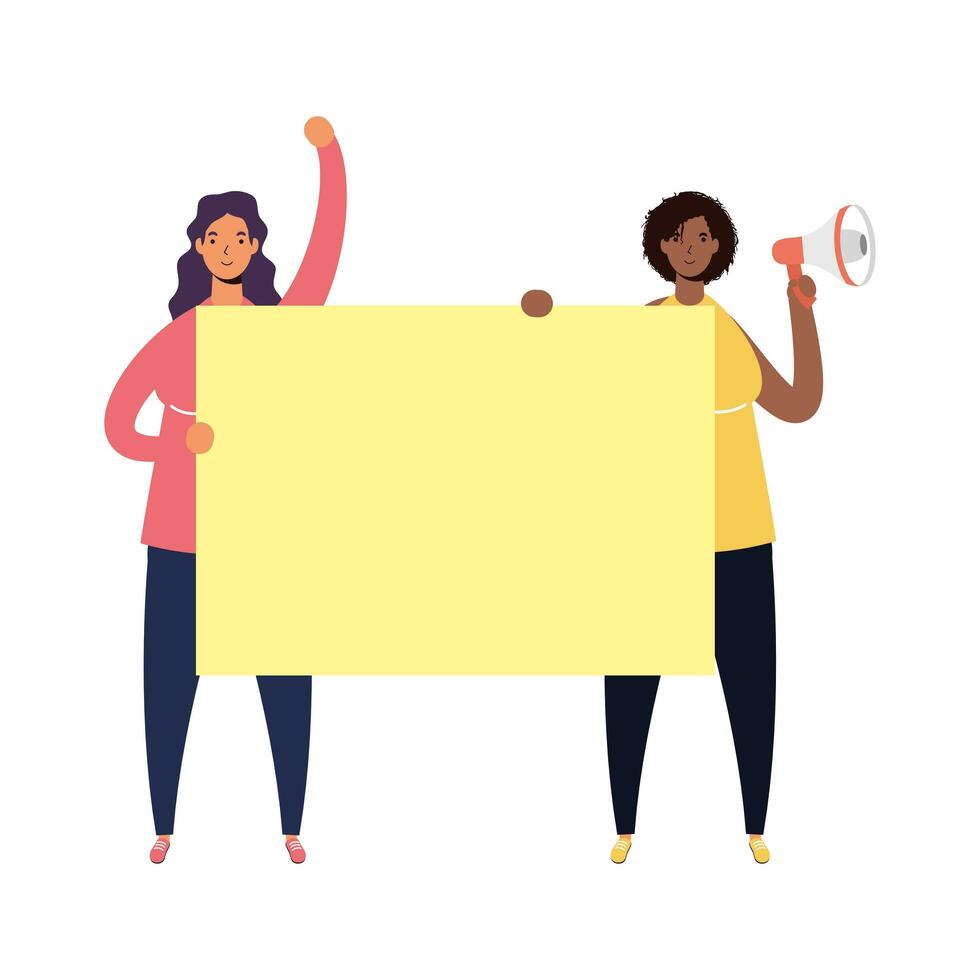 interracial women protesting with megaphone and placard characters vector