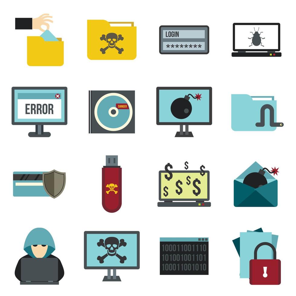 Criminal activity icons set, flat style vector