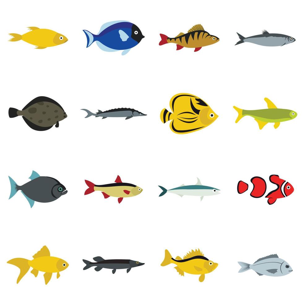 Fish icons set, flat style vector