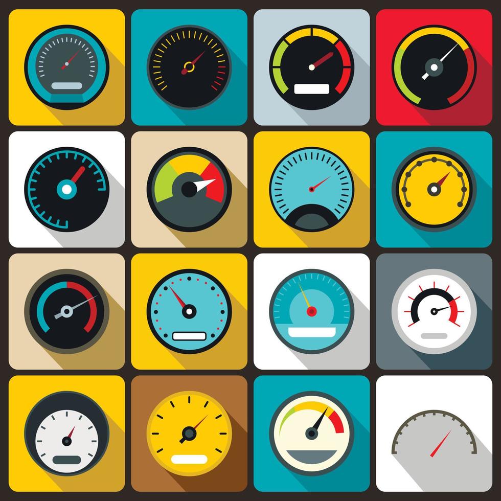 Speedometer icons set, flat style vector
