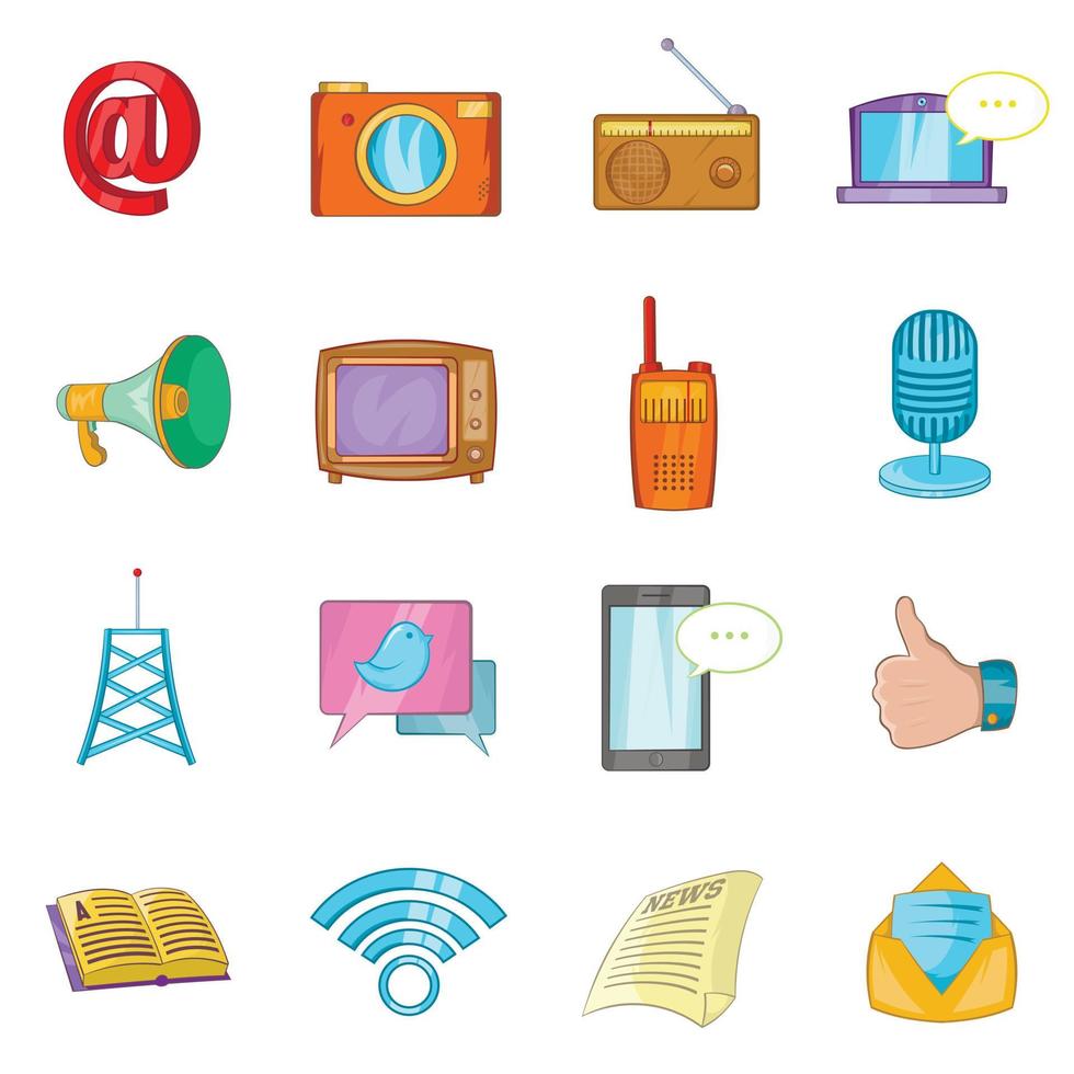 Communication icons set, cartoon style vector