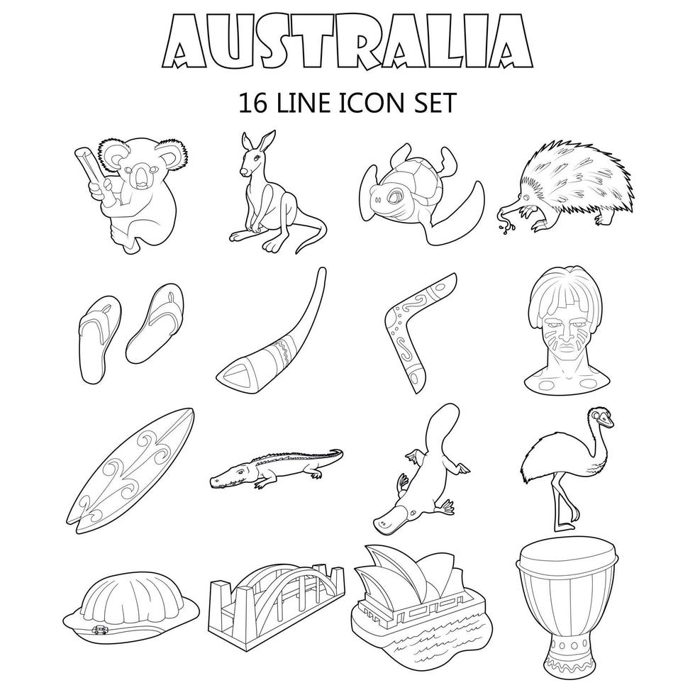 conjunto de iconos de australia, estilo de contorno vector