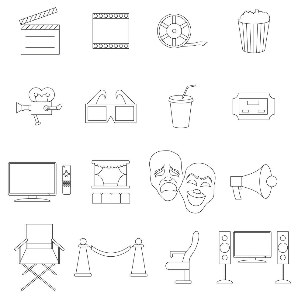 conjunto de iconos de cine, estilo de línea fina vector