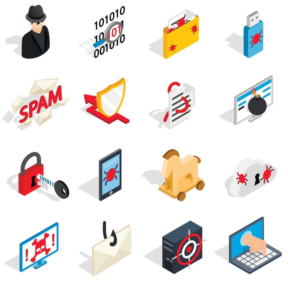 Hacking icons set, isometric 3d style vector