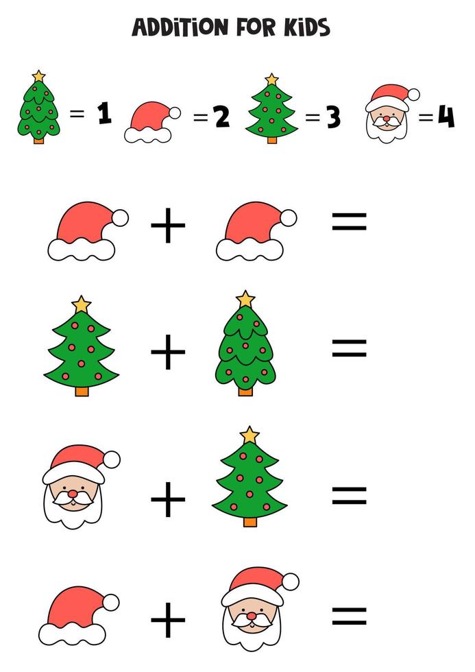 Addition for kids with cartoon Christmas elements. vector