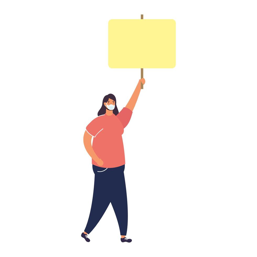 woman wearing medical mask protesting with placard vector