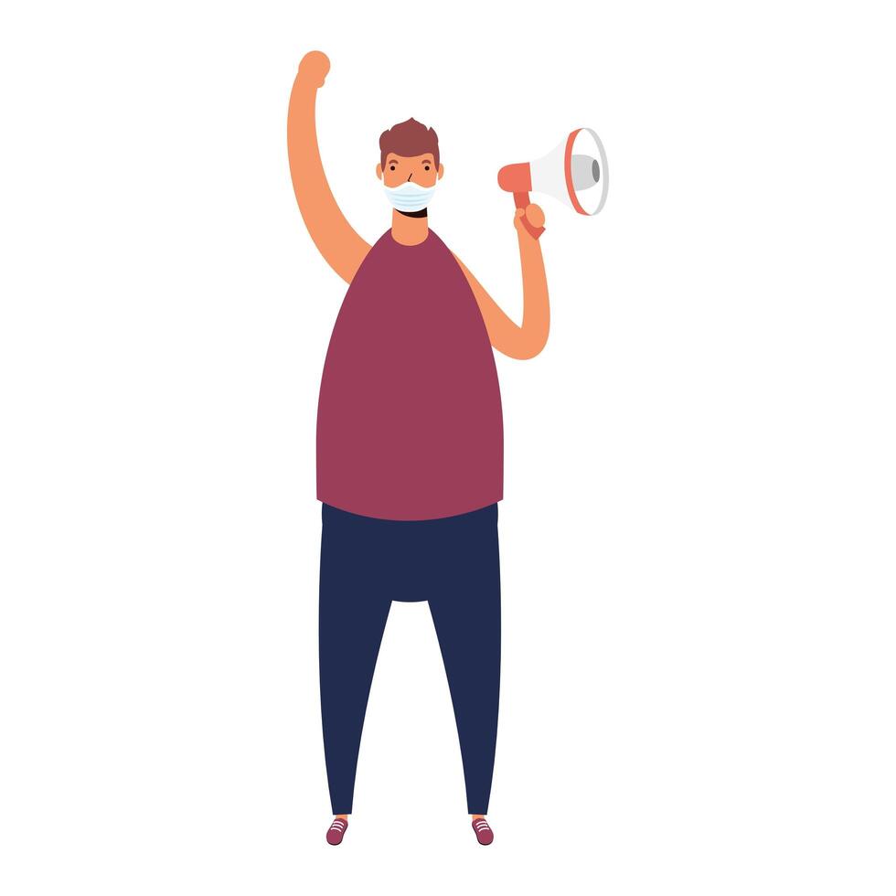 man wearing medical mask protesting with megaphone vector