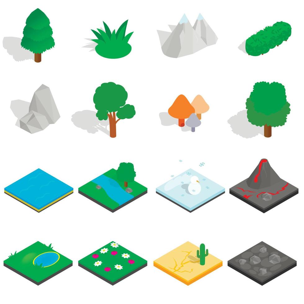 Landscape icons set, isometric 3d style vector