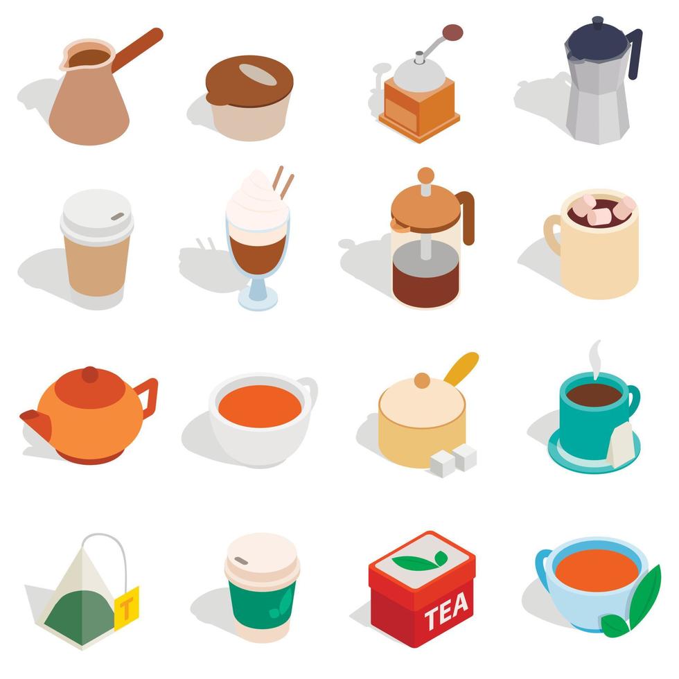Tea and coffee set, isometric 3d style vector