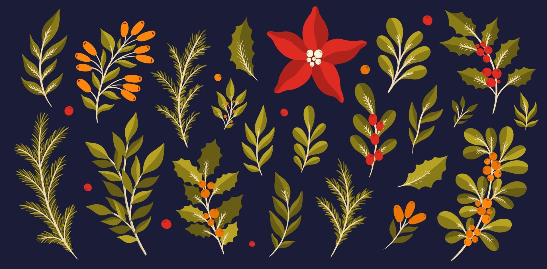 Conjunto de plantas florales navideñas.Año nuevo 2021 colección rama hoja.Decoración diseño botánico. vector