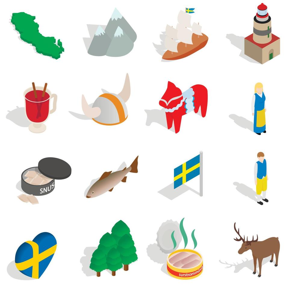 Sweden icons set, isometric 3d style vector