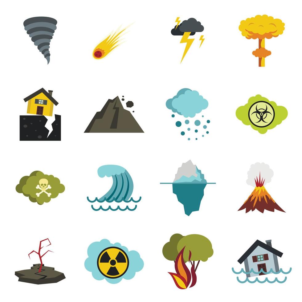 Natural disaster icons set, flat ctyle vector