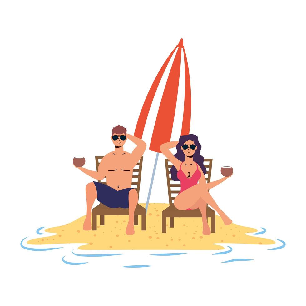 young couple relaxing on the beach seated in chairs and umbrella vector