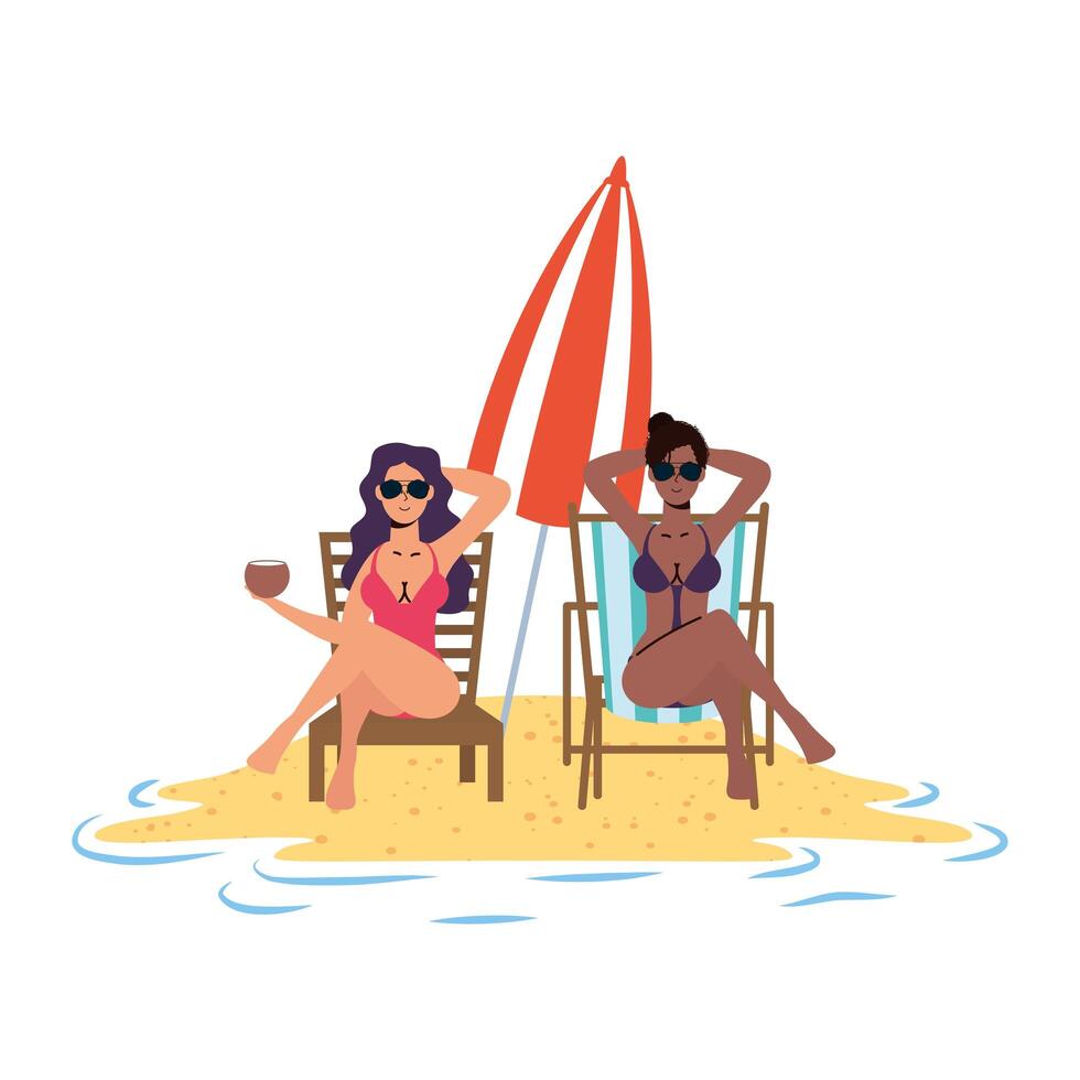 interracial girls relaxing on the beach seated in chairs and umbrella vector