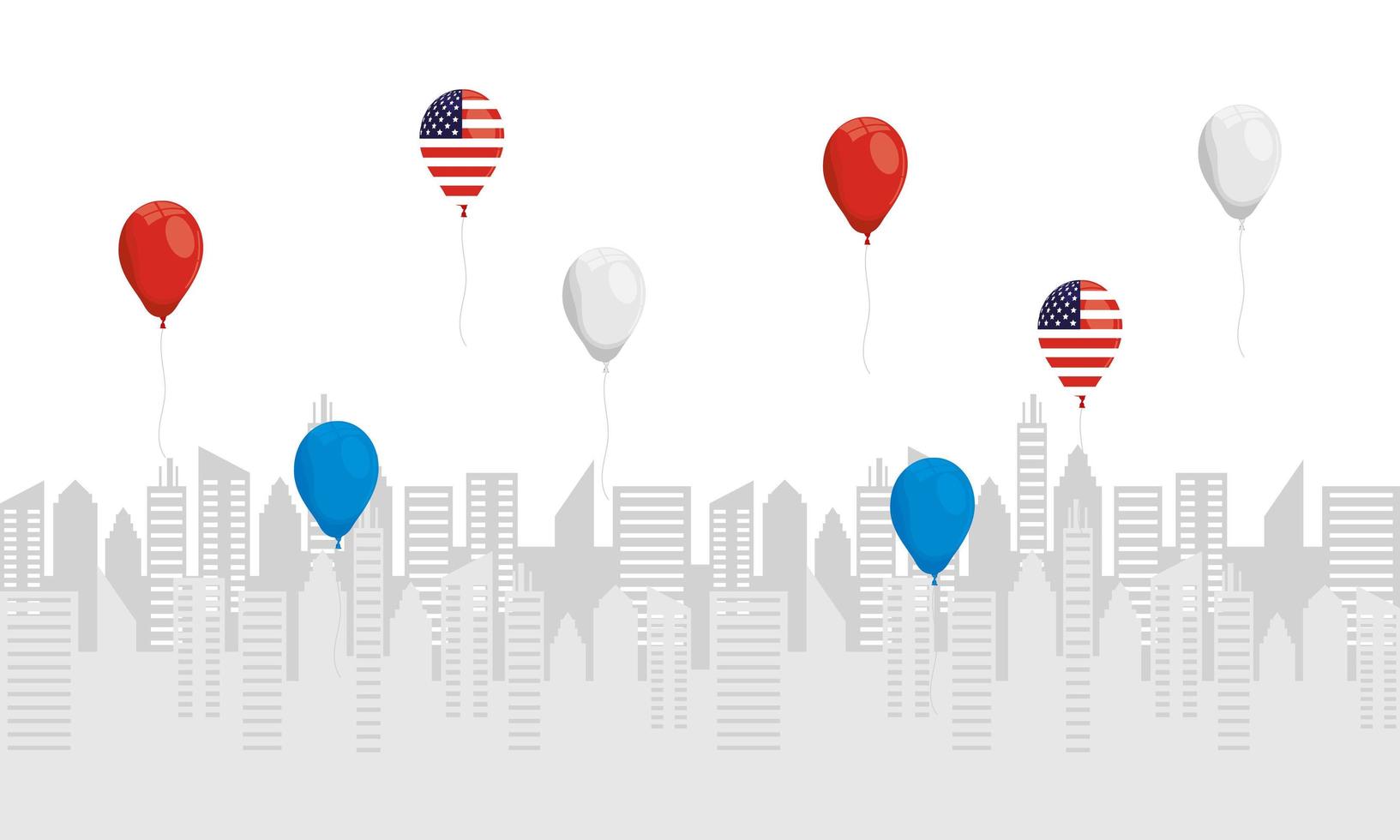 Globos de helio con banderas de Estados Unidos en el paisaje urbano vector