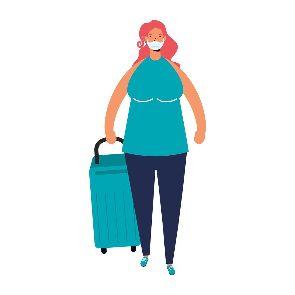 young woman wearing medical mask with suitcase character vector