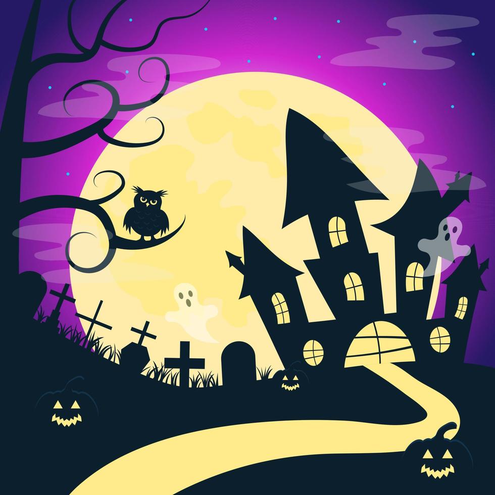 Halloween landscape with scary castle, cemetery, owl, full moon, ghosts and evil pumpkins. vector