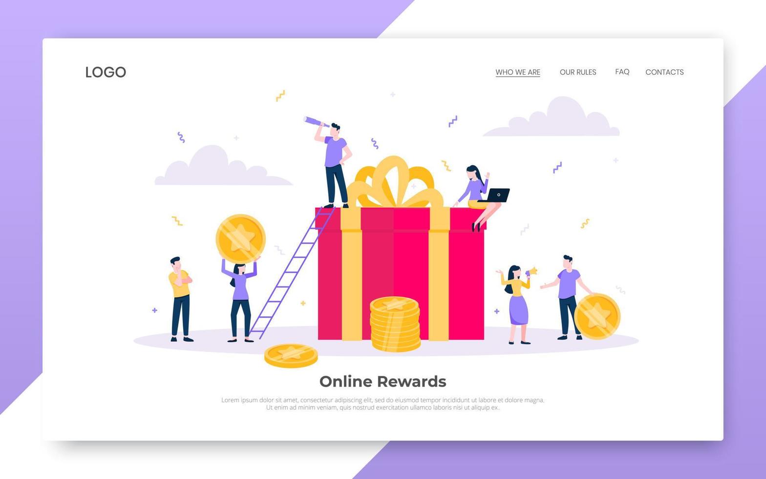 Online reward flat style design vector illustration landing page concept.