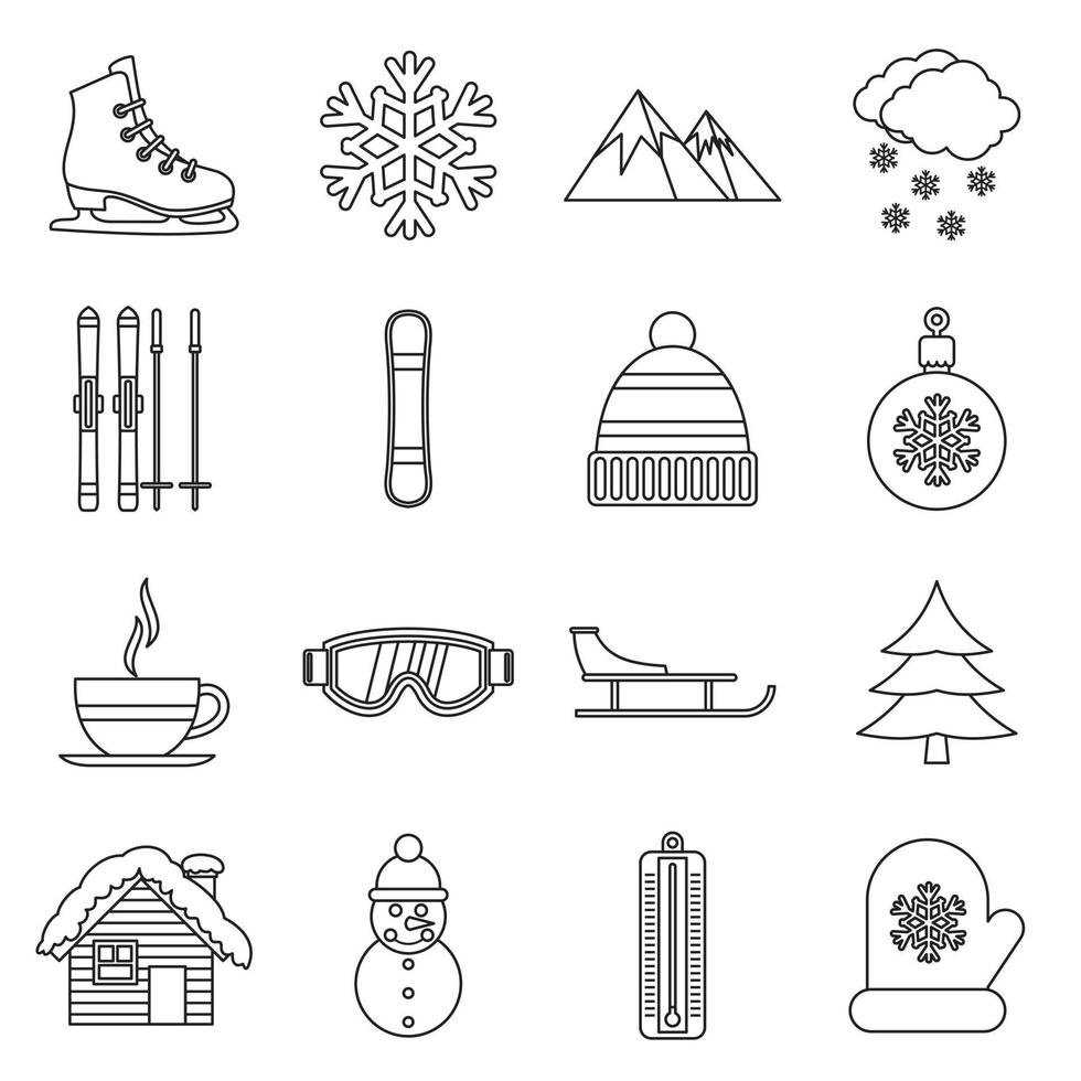Winter icons set, outline style vector