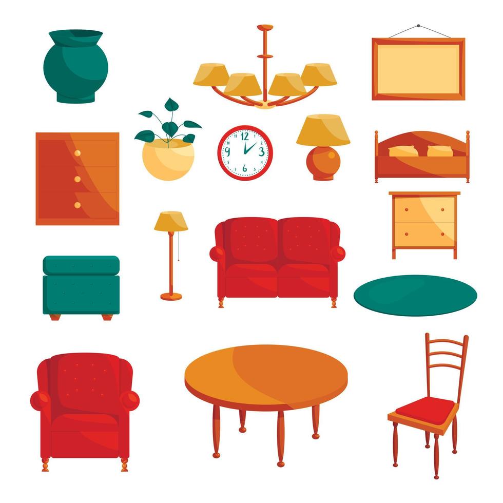 Conjunto moderno de ilustración de vector de dibujos animados de muebles de  casa u oficina elementos de diseño sofá mesa silla para el hogar  dormitorio o sala de estar aislado sobre fondo