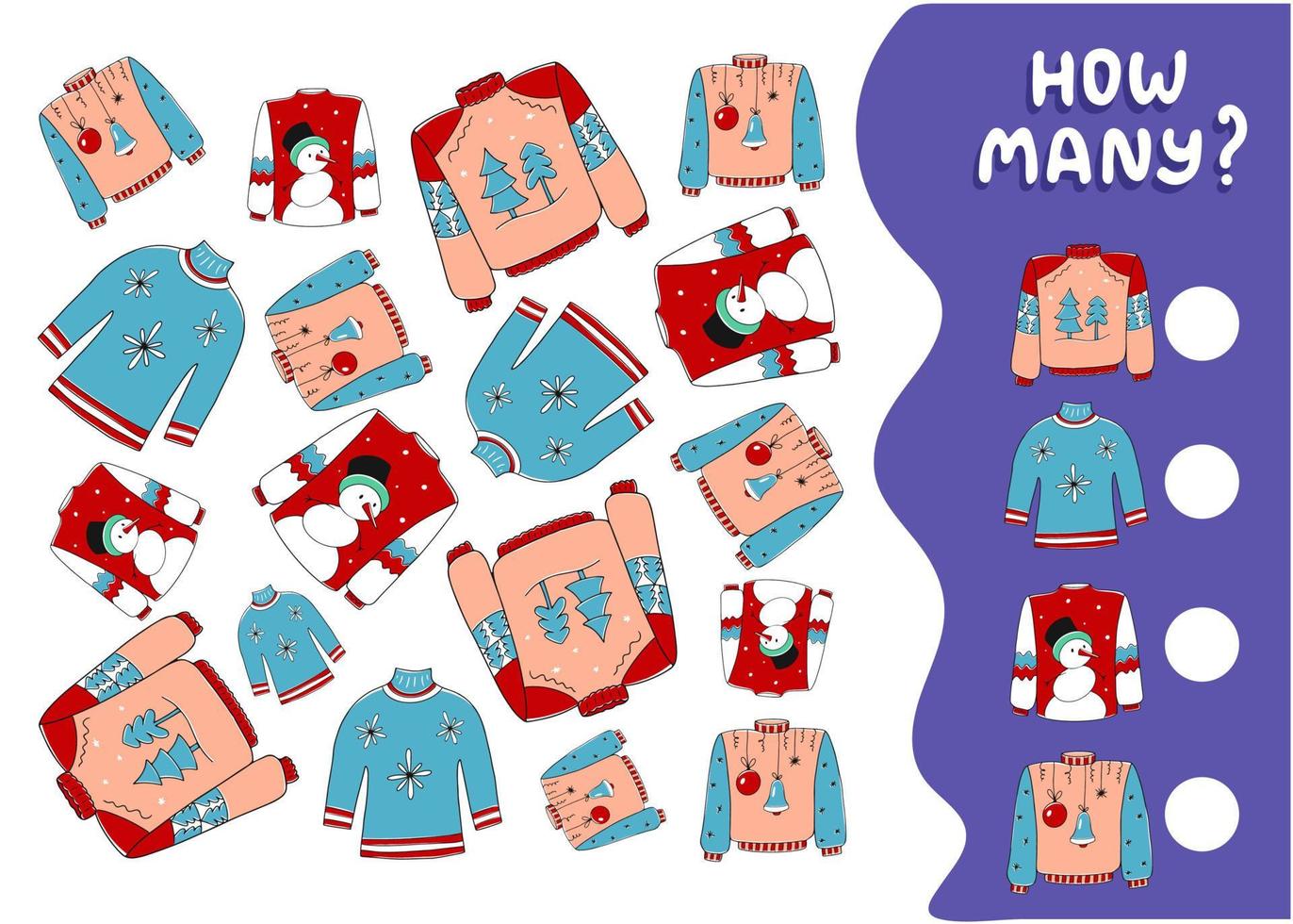 Counting educational game for preschool kids. Math children activity sheet. Count how many ugly Christmas sweater there are and write down the result. Vector illustration