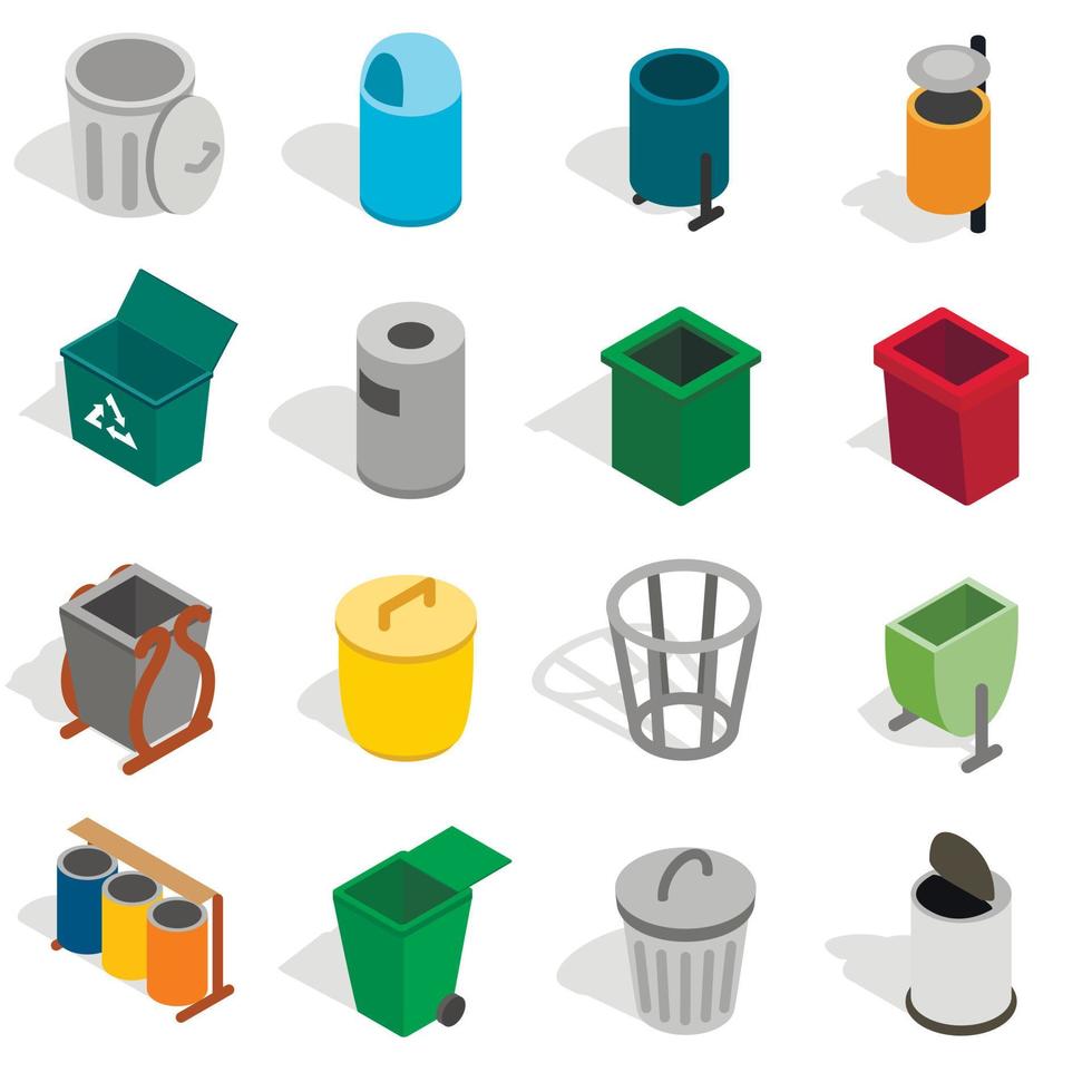 Trash bin icons set, isometric 3d style vector