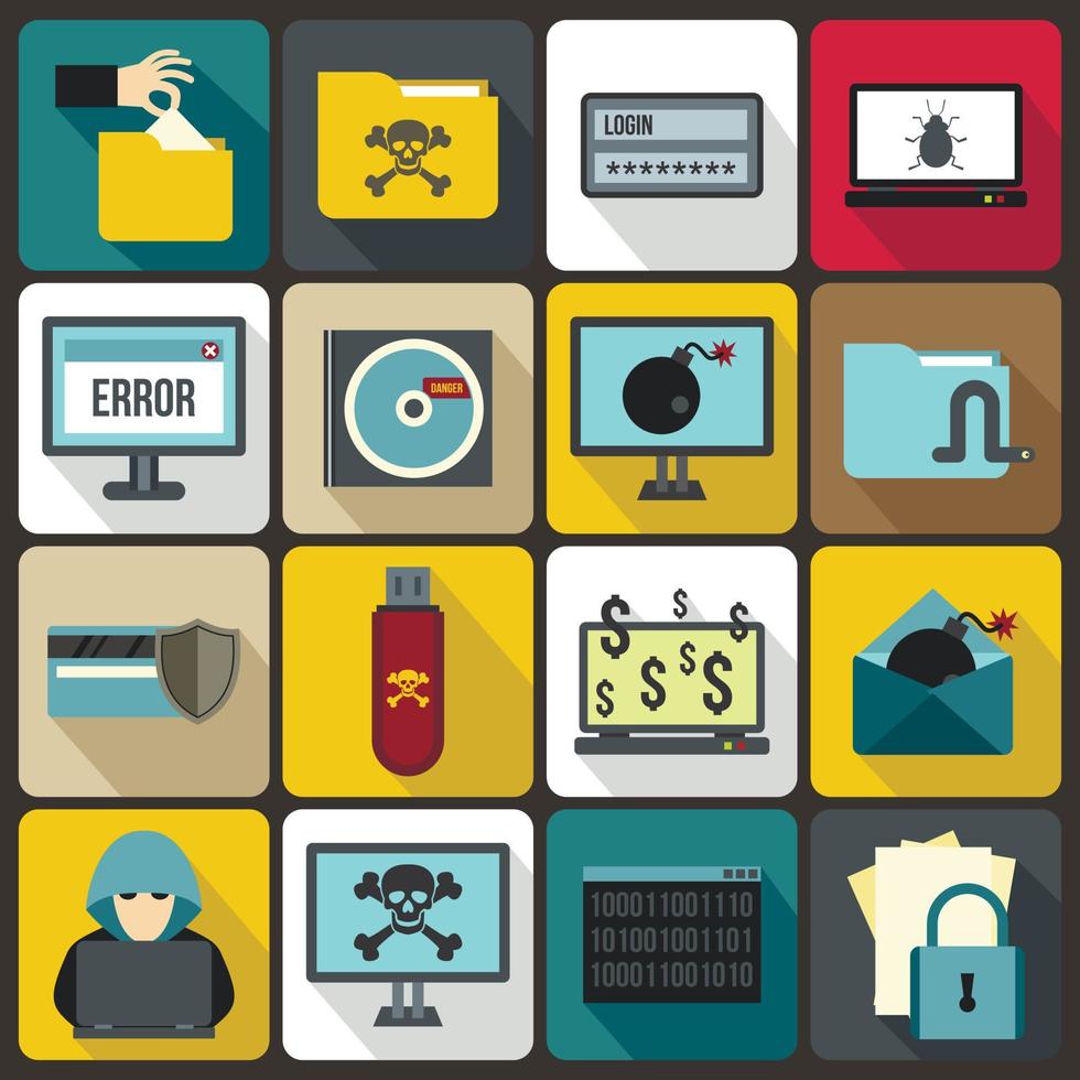 Criminal activity icons set, flat style vector