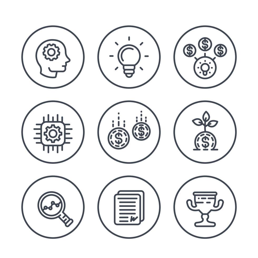 startup line icons on white, creative process, idea, initial capital, funding, innovation, ipo, growth, analytics vector