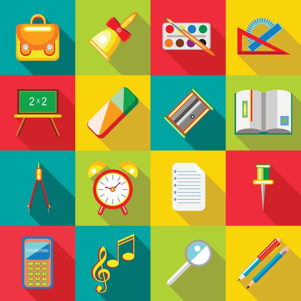 School supplies icons set, flat ctyle vector