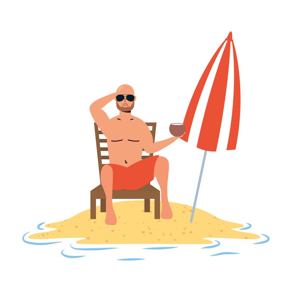 man relaxing on the beach seated in chair and umbrella vector
