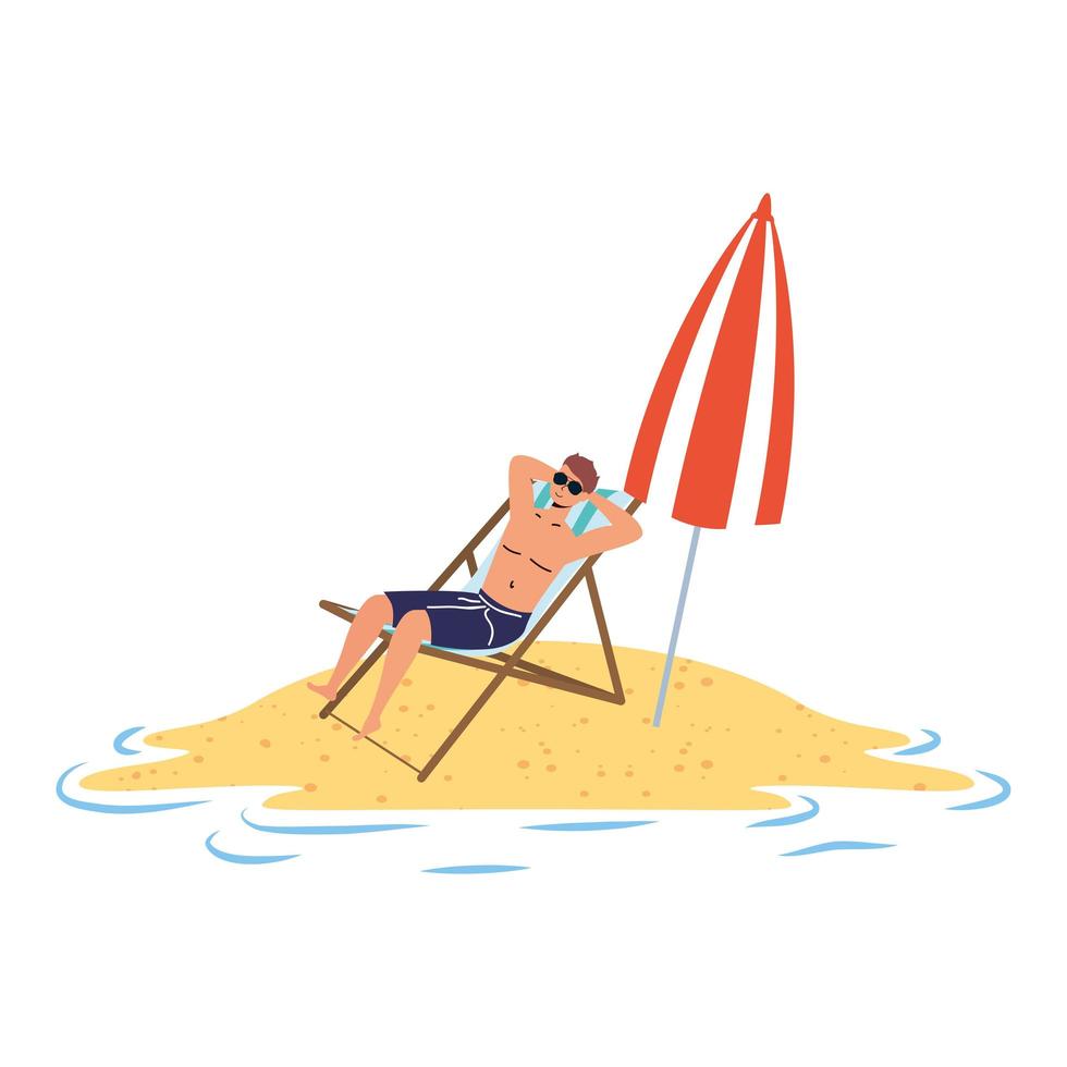 Hombre relajándose en la playa sentado en una silla y sombrilla vector