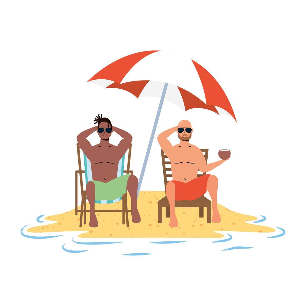 interracial men relaxing on the beach seated in chairs and umbrella vector