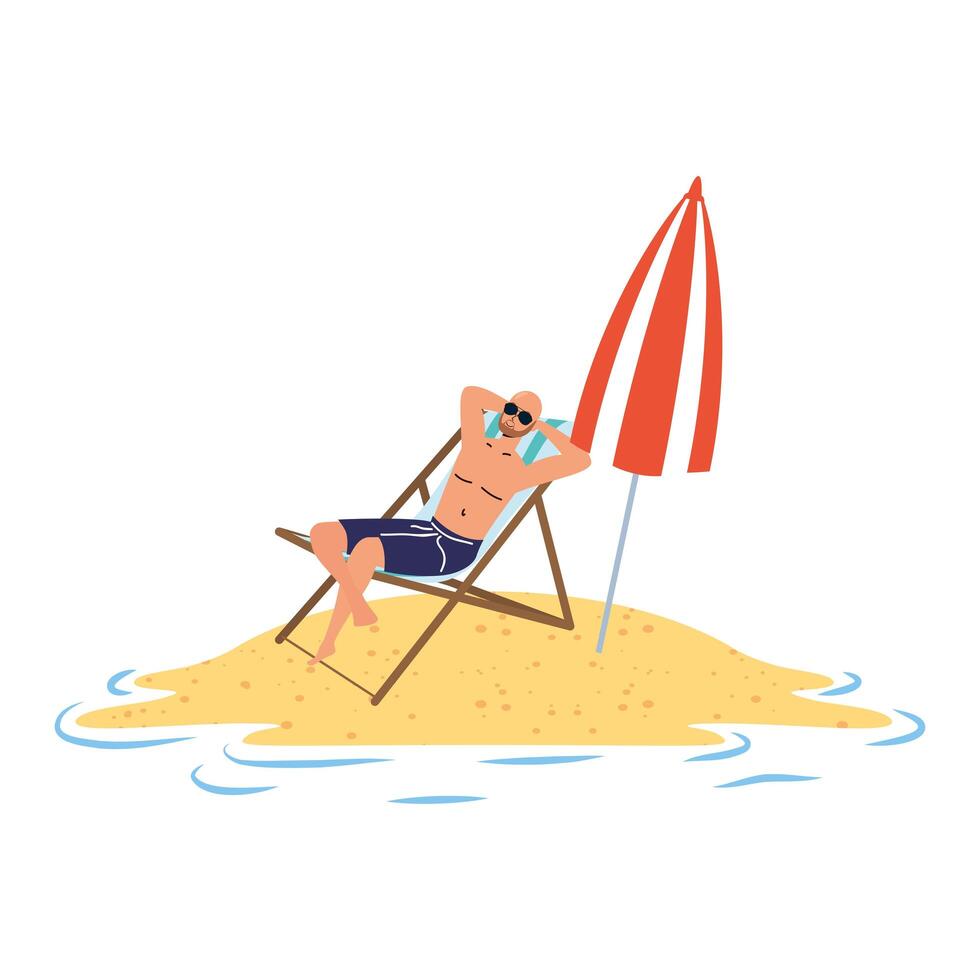 man relaxing on the beach seated in chair and umbrella vector