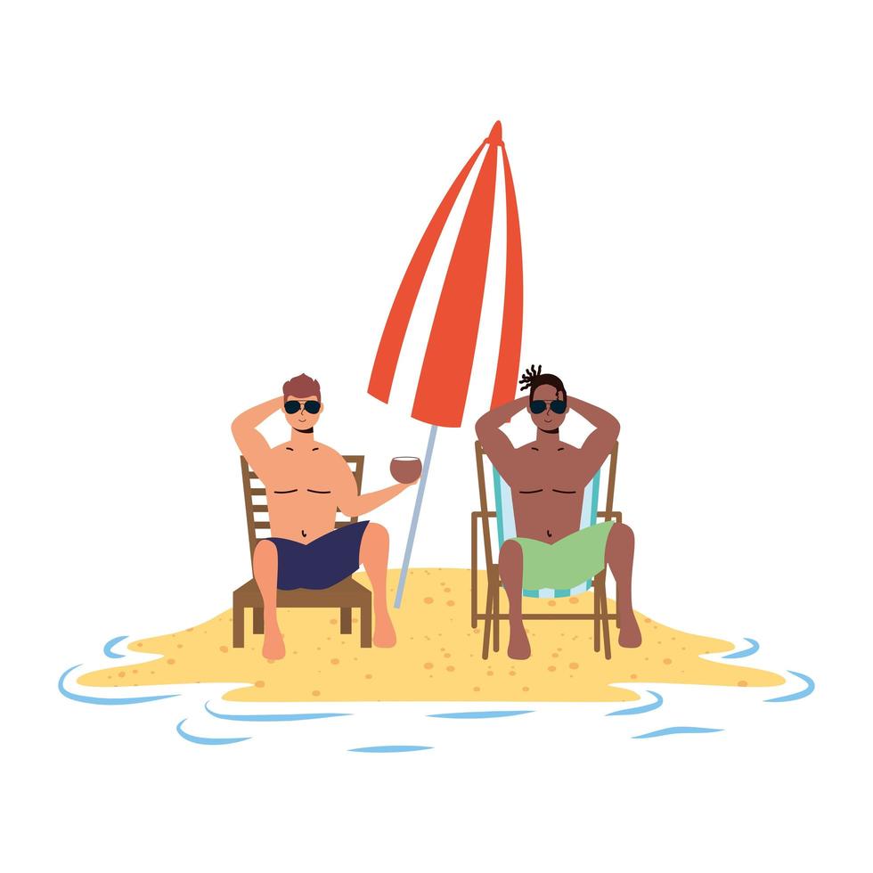 Hombres interraciales relajándose en la playa sentados en sillas y sombrillas vector