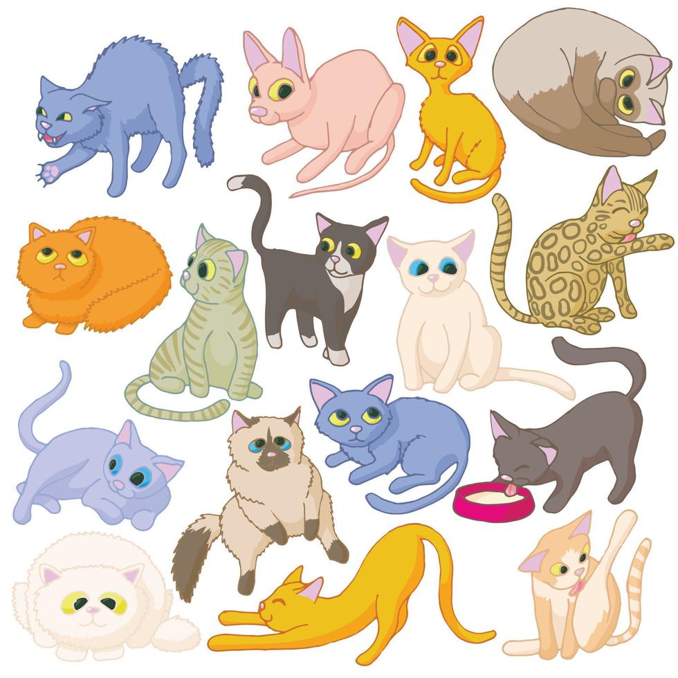 Cat icons set, cartoon style vector