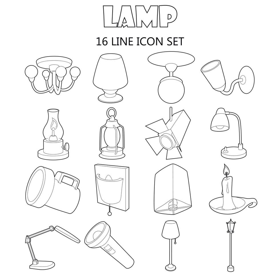 conjunto de iconos de lámpara, estilo de contorno vector
