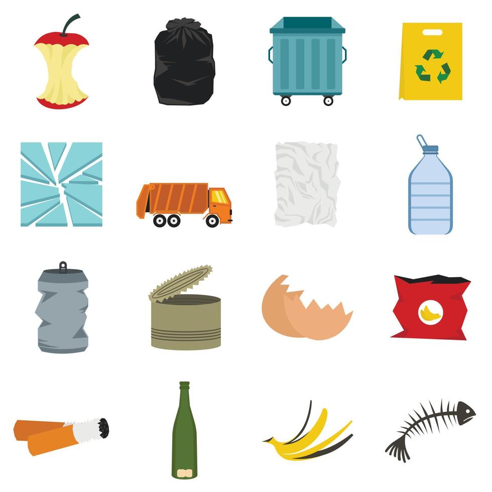 Waste and garbage icons set, flat style vector