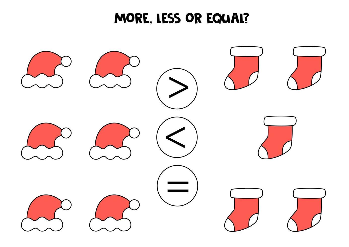 More, less, equal with Christmas socks and caps. Math comparison. vector