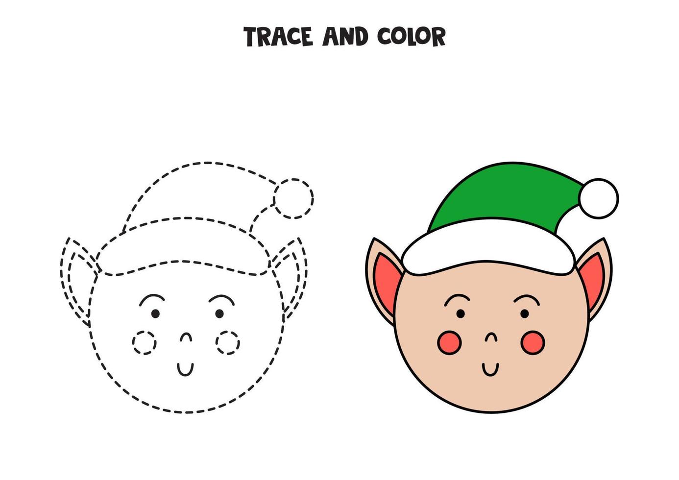 trazar y colorear duende navideño. hoja de trabajo para niños. vector