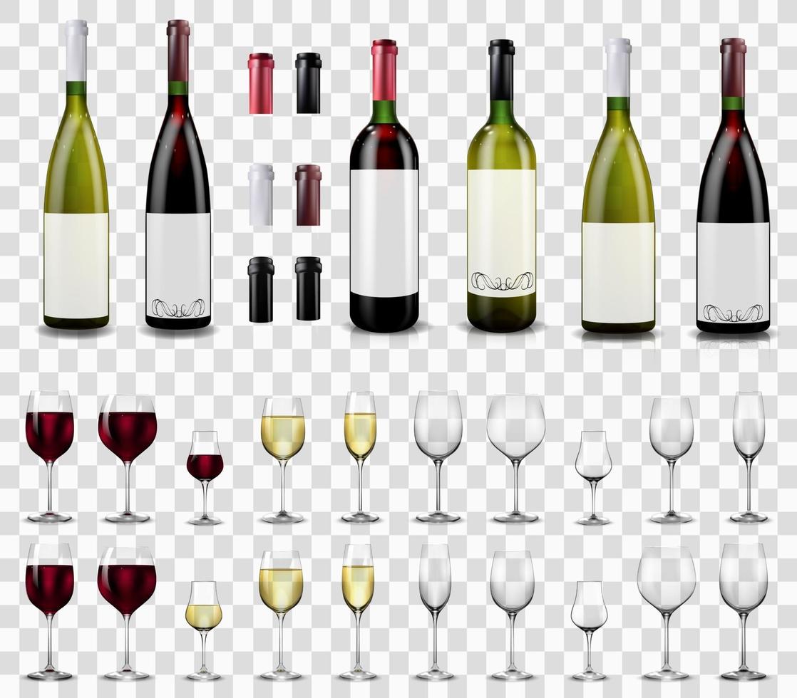 Full and empty wine glasses. Red and white wine bottles. vector
