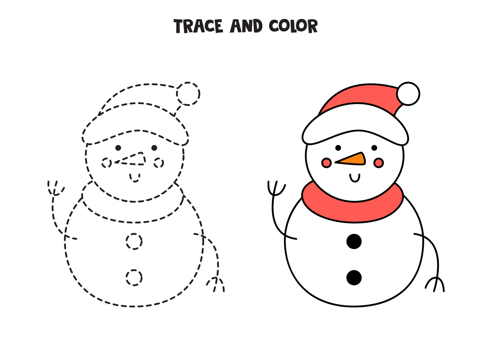 Trace and color Christmas snowman. Worksheet for kids. 4221994 Vector