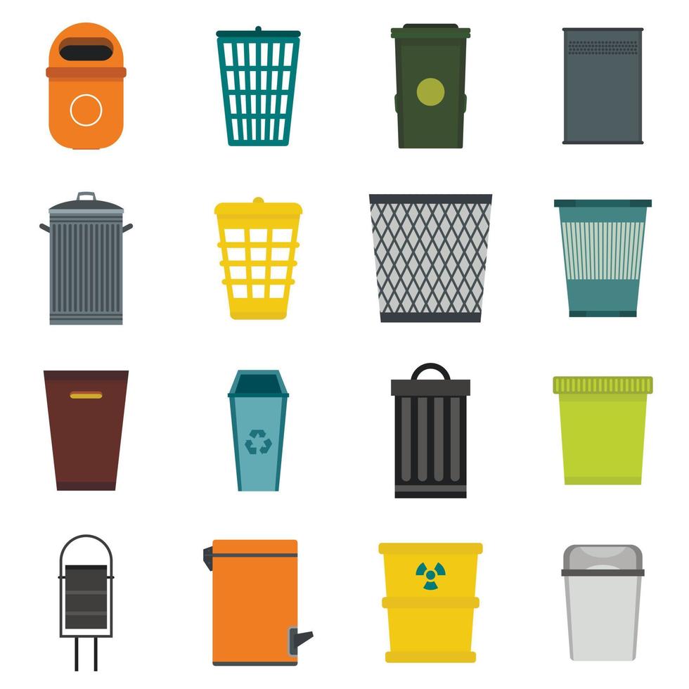 bote de basura, iconos, conjunto, plano, estilo vector