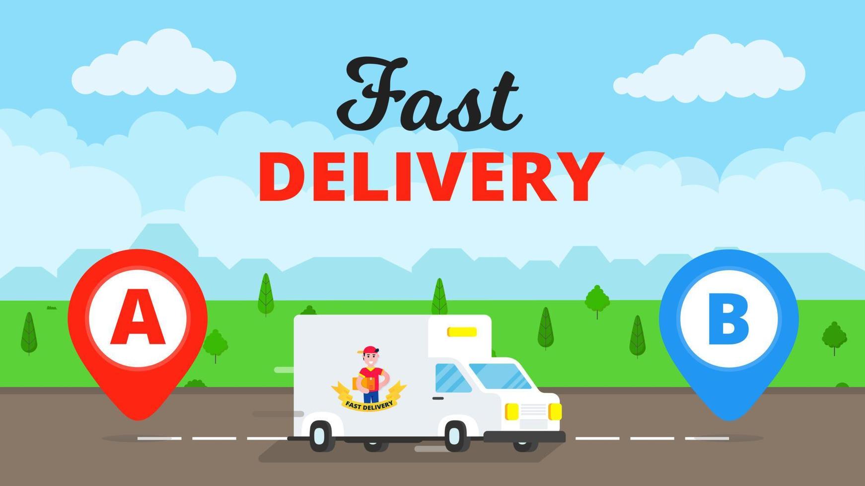 Fast delivery truck service on the road. Car van with landscape behind flat style design and map pins A and B vector illustration isolated on light blue background.  Symbol of delivery company.